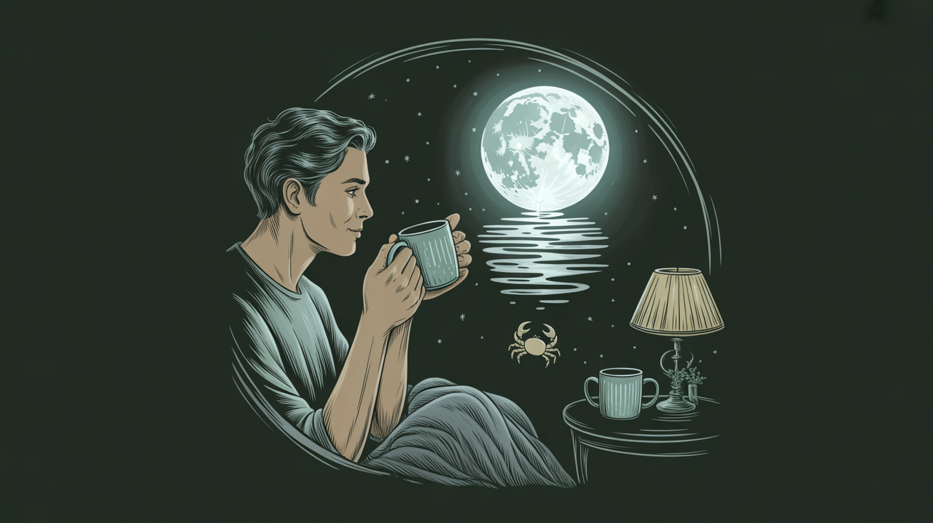 A thoughtful man holding a mug beside a moonlit window in a cozy room.