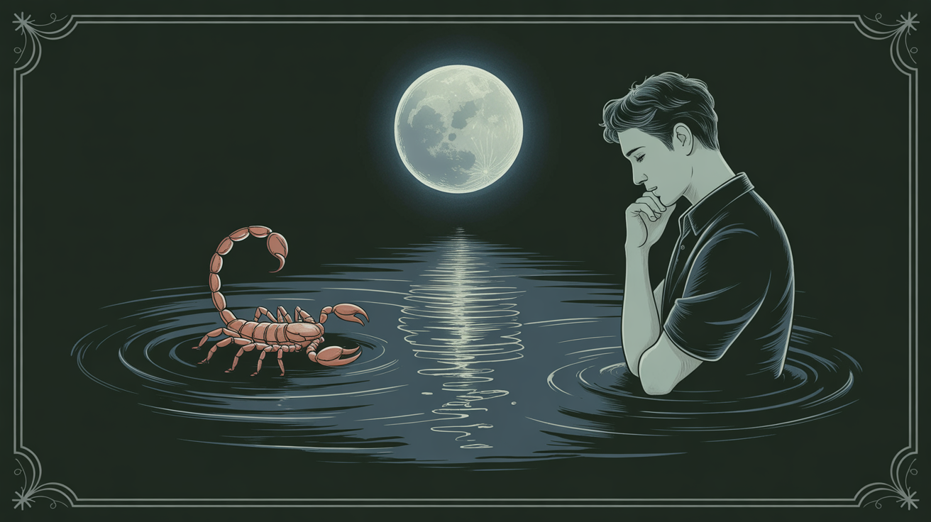 A man’s silhouette beside moonlit dark water with subtle Scorpio symbolism.
