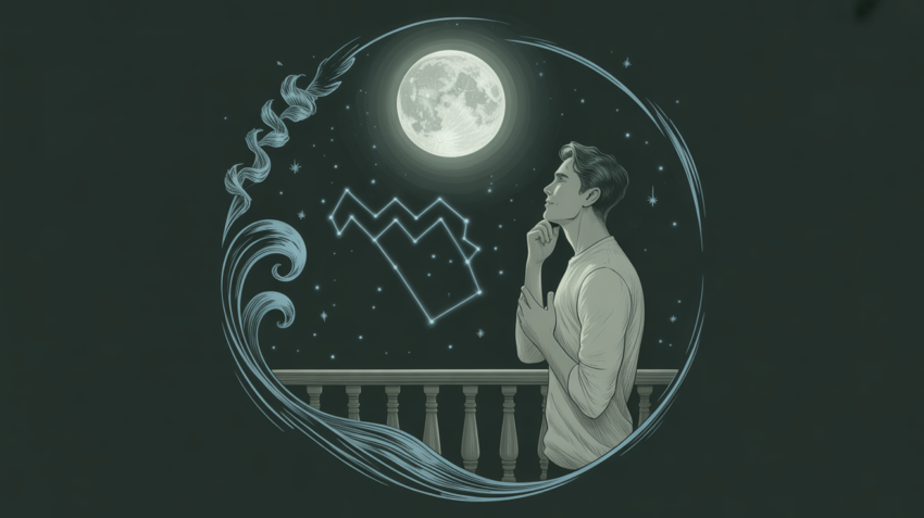 Thoughtful man under a moonlit Aquarius sky with soft blue constellation waves.
