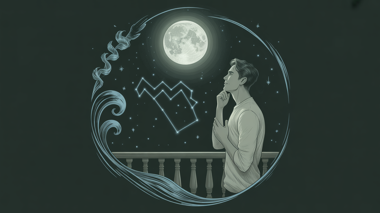 Thoughtful man under a moonlit Aquarius sky with soft blue constellation waves.