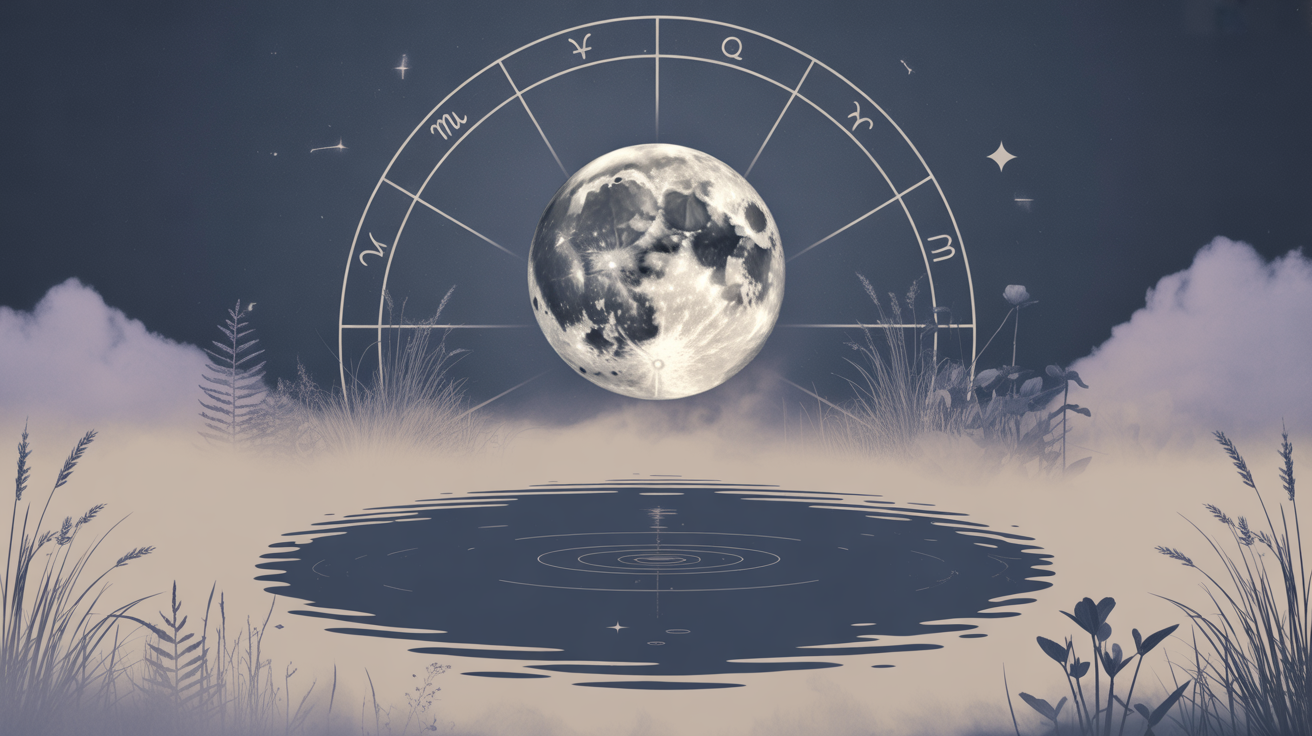 Luminous moon above a subtle zodiac wheel reflected in calm water.