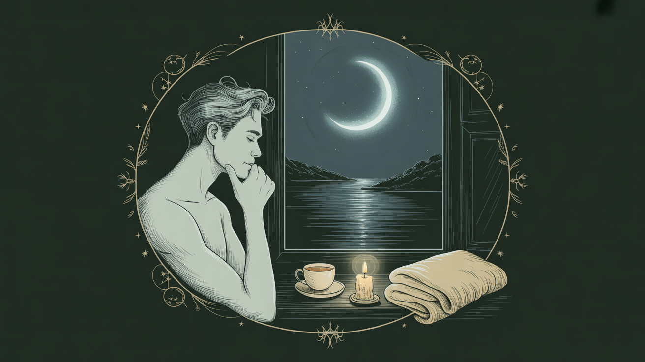 A man sits by a moonlit window with tea beside him, looking out over calm water.
