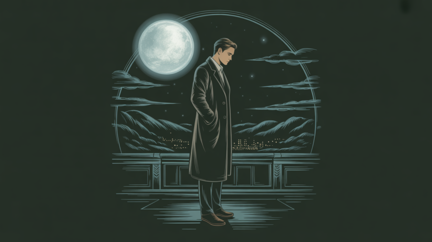Solitary man standing under a veiled moon on a quiet rooftop at night.