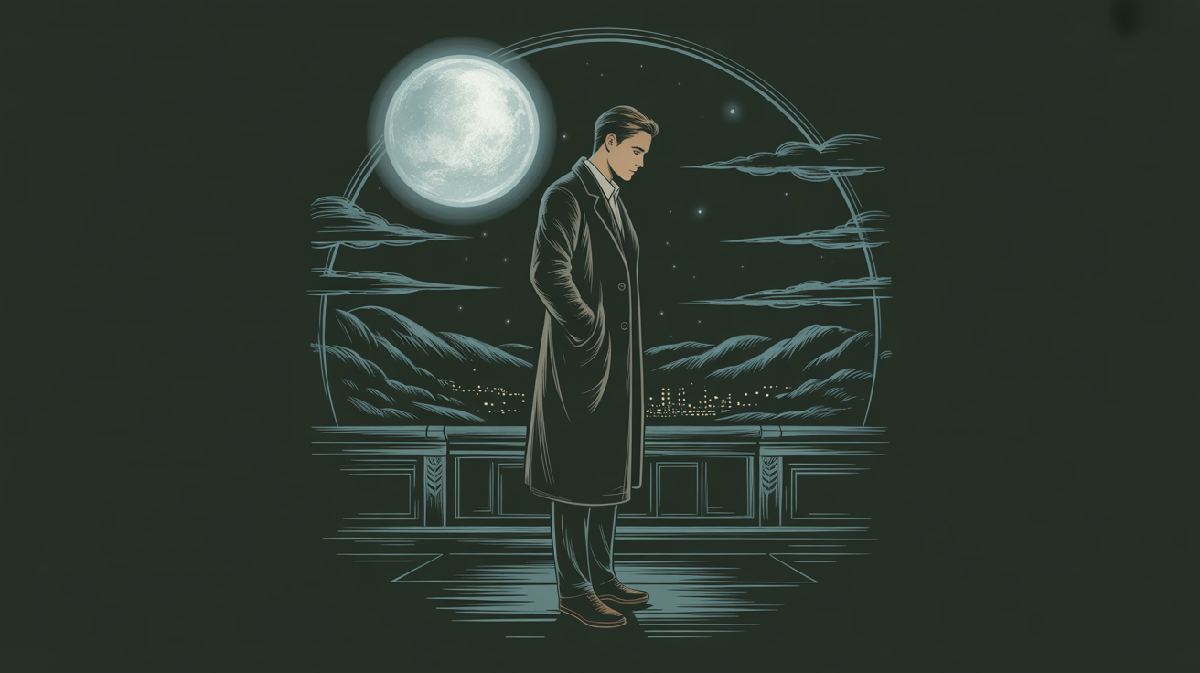 Solitary man standing under a veiled moon on a quiet rooftop at night.