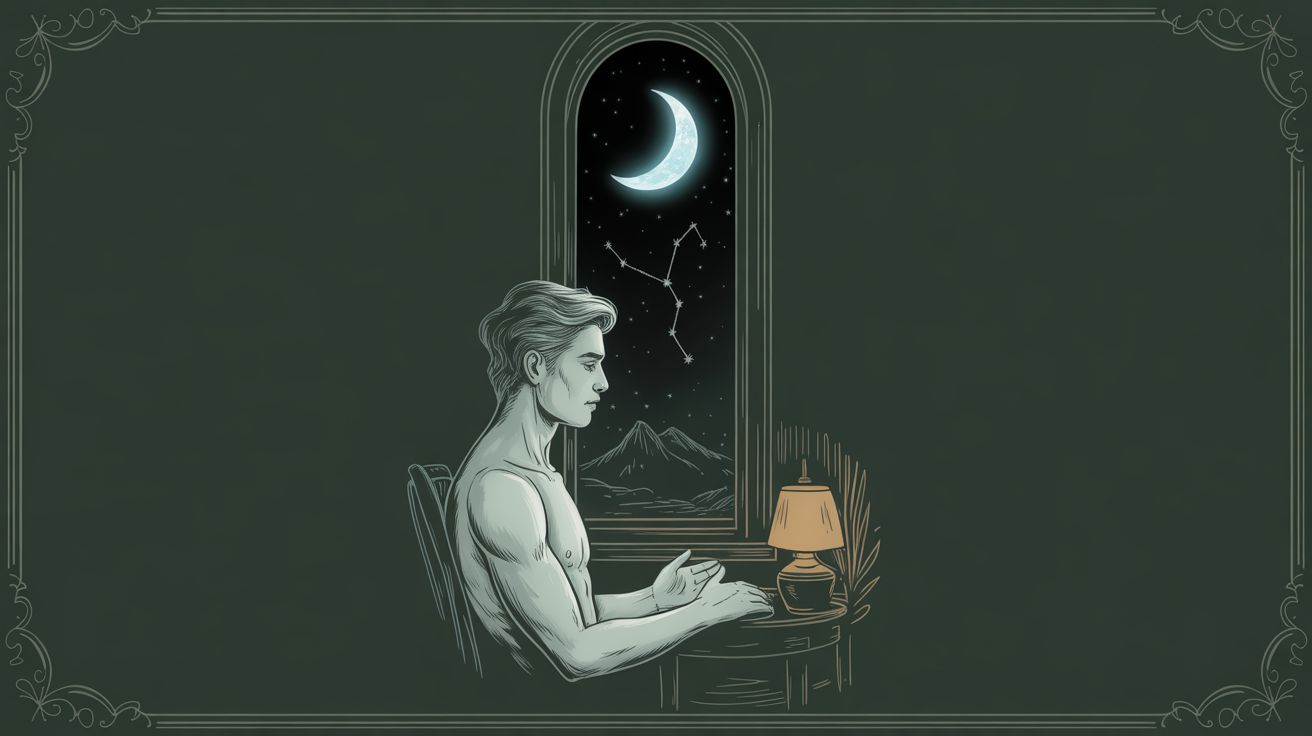 A quiet masculine figure in moonlight near a window, symbolizing Capricorn Moon devotion.