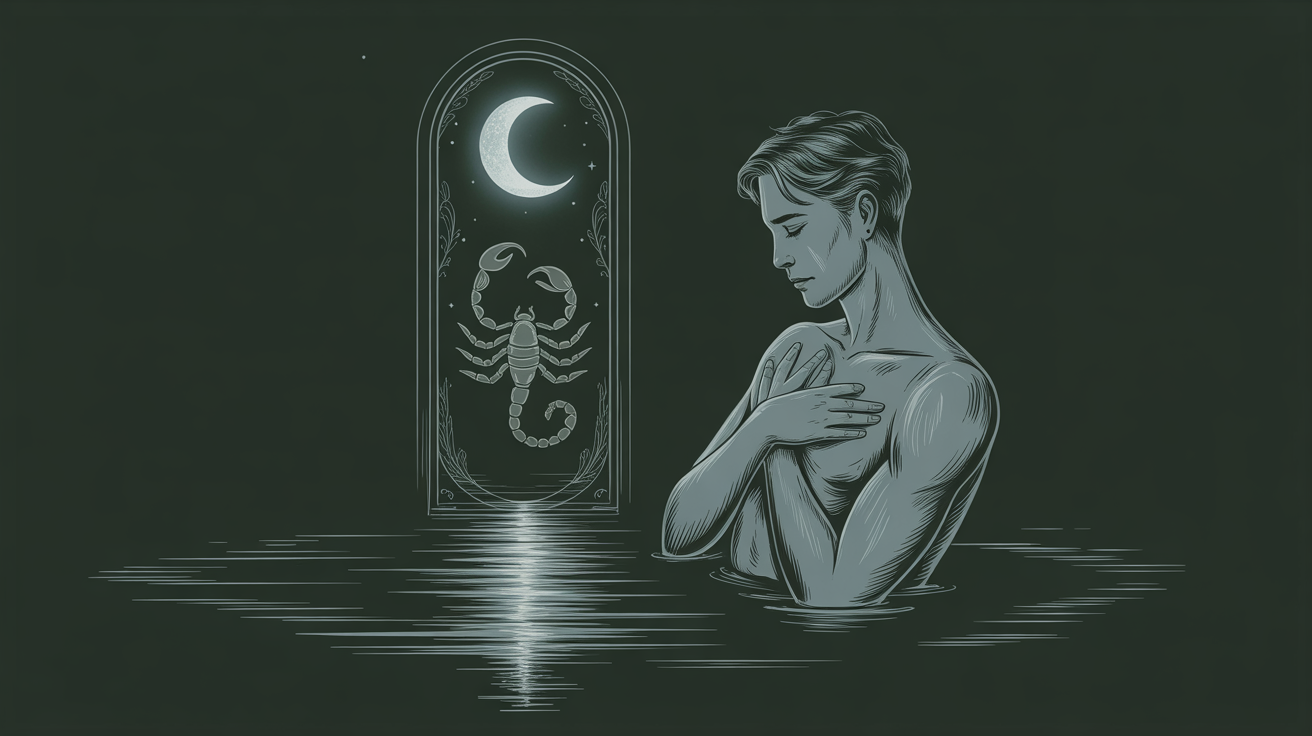Moonlit silhouette of a guarded man by a window with subtle Scorpio symbolism.