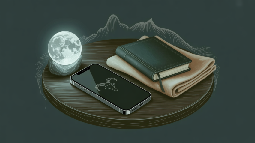 Moonlit phone on a nightstand with subtle Capricorn symbolism.