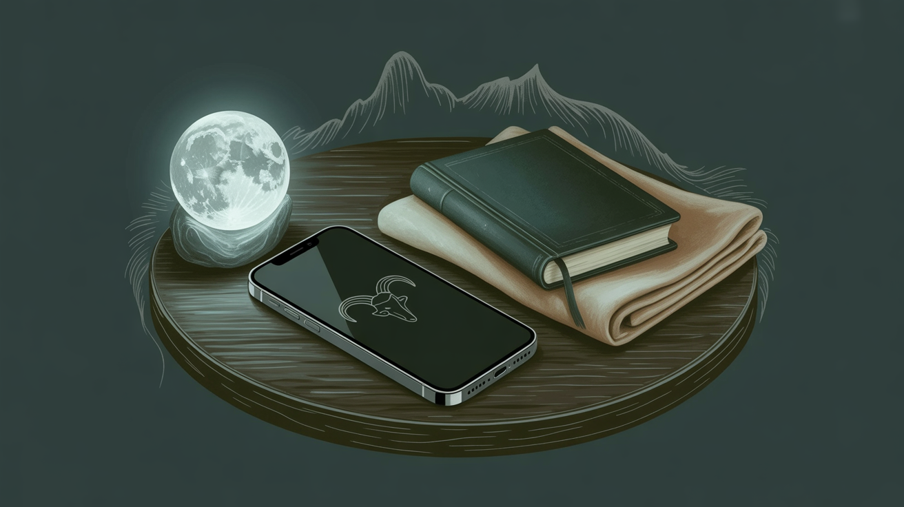 Moonlit phone on a nightstand with subtle Capricorn symbolism.