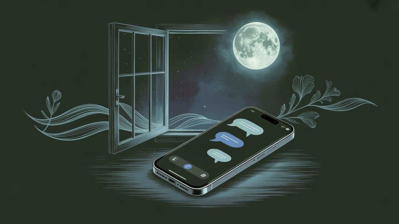 Moonlit phone with abstract message bubbles and subtle Aquarius wave lines.