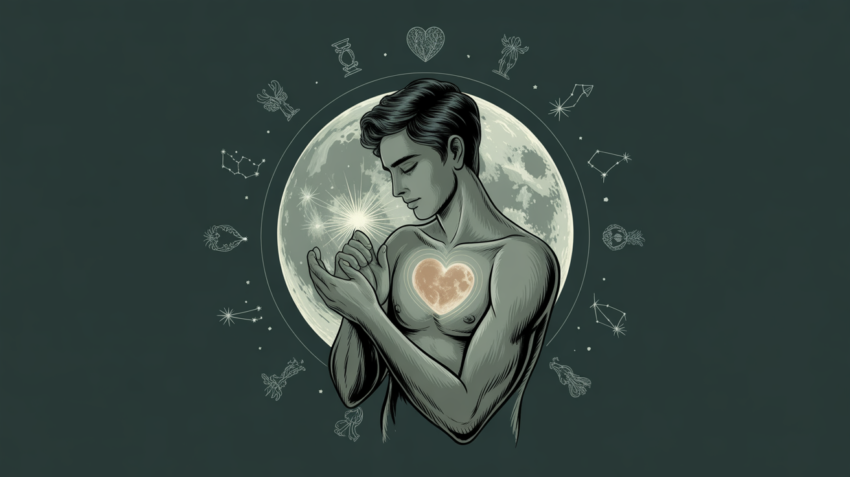 Moonlit man with a glowing heart beneath zodiac constellations.