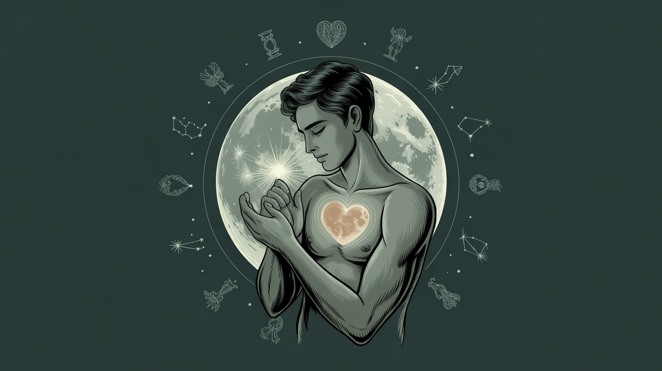 Moonlit man with a glowing heart beneath zodiac constellations.