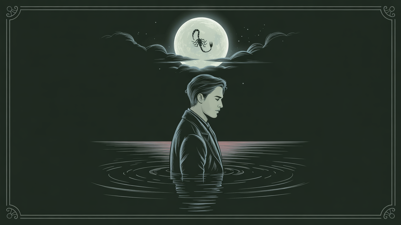 A solitary man stands by moonlit dark water beneath a faint Scorpio constellation.