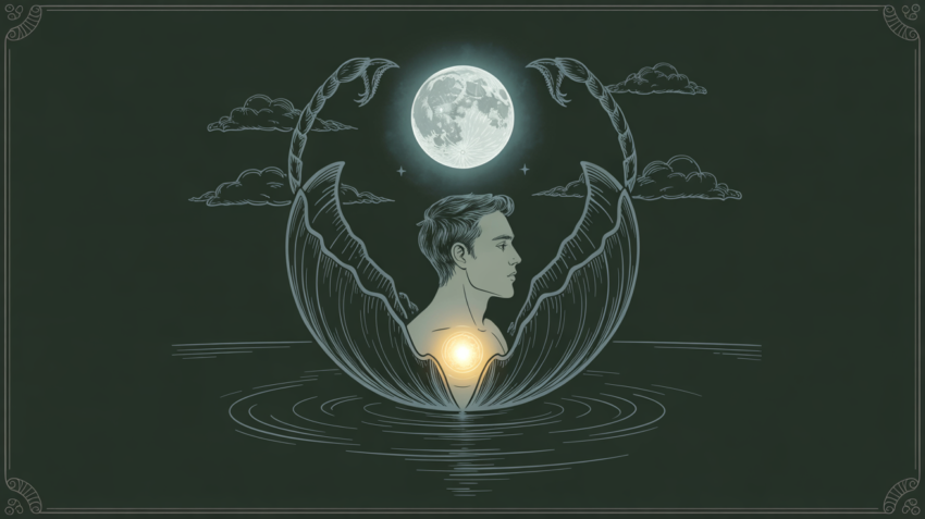Symbolic Scorpio moon figure emerging from dark water around a warm inner light.