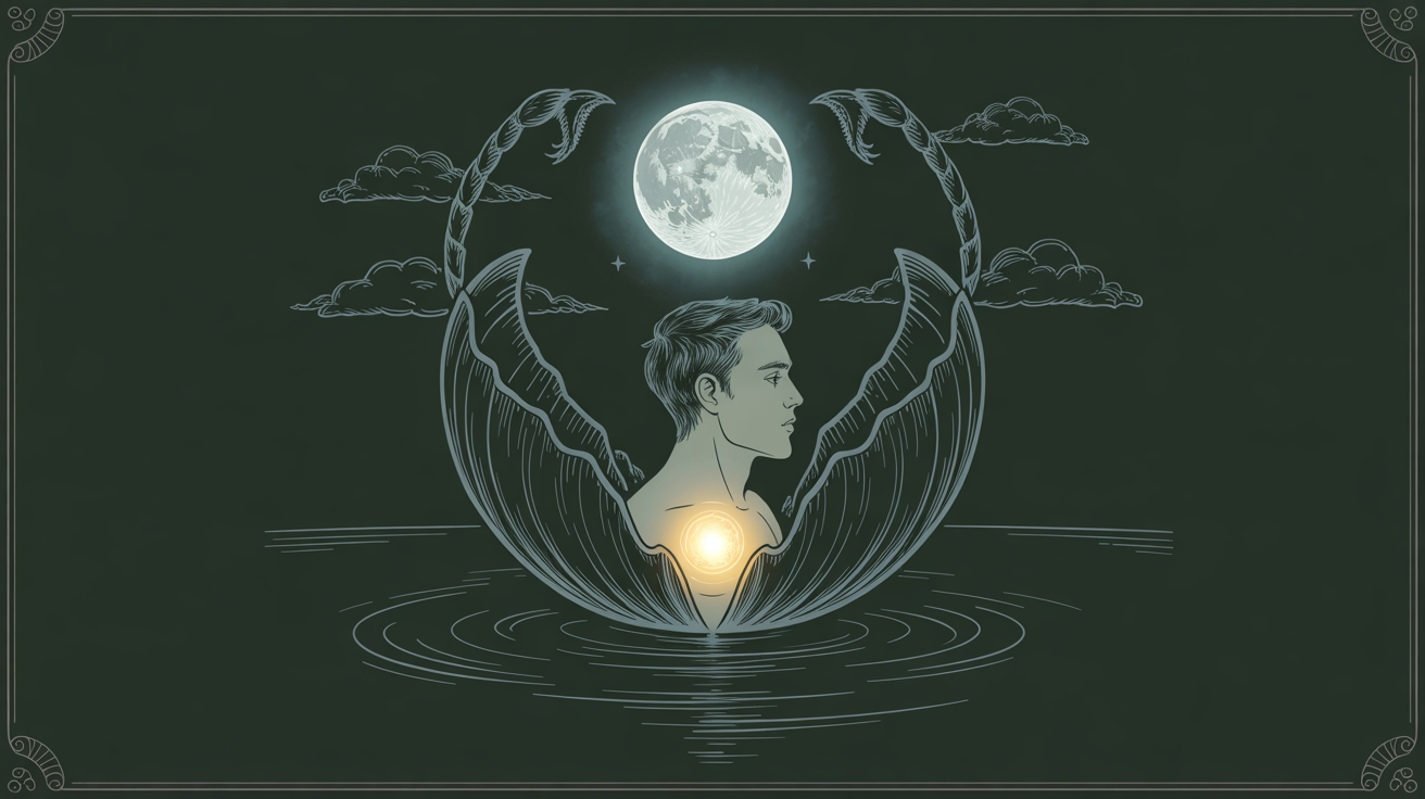 Symbolic Scorpio moon figure emerging from dark water around a warm inner light.