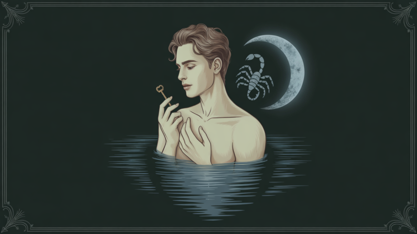 A guarded man in moonlight holding a small key beside dark reflective water.