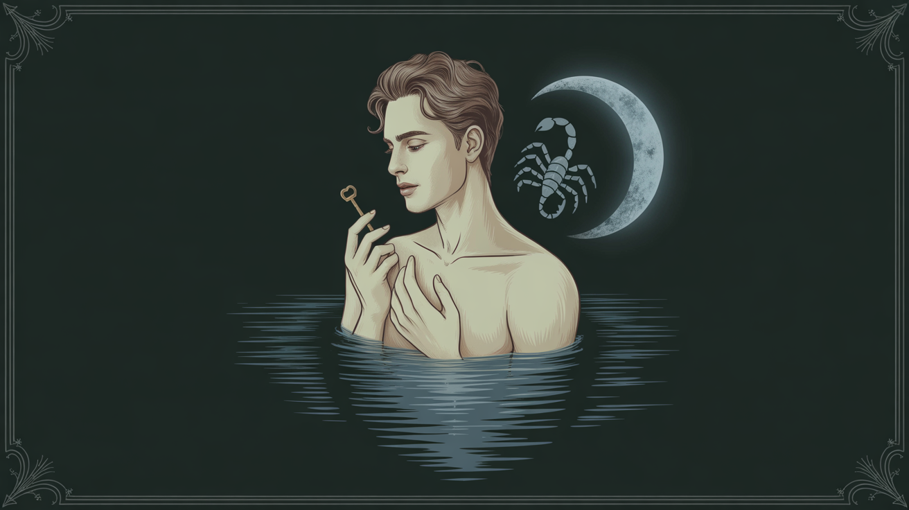 A guarded man in moonlight holding a small key beside dark reflective water.
