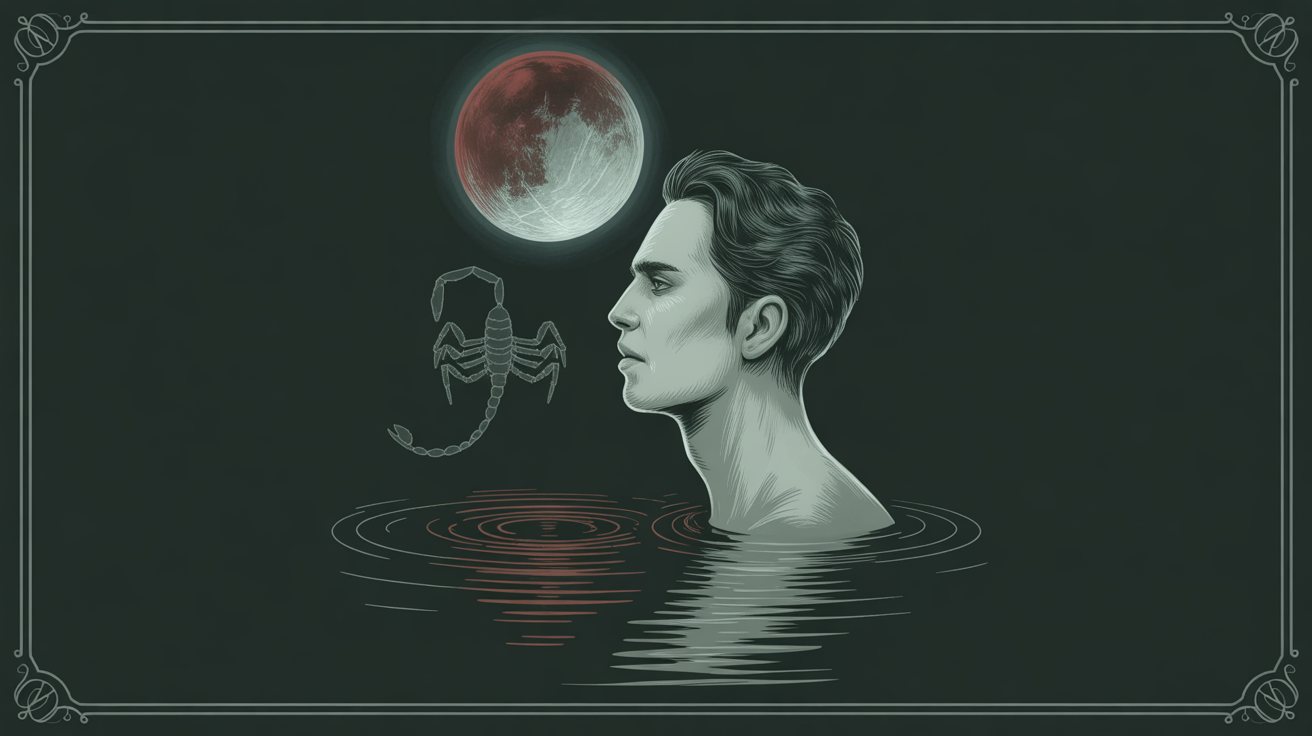 A guarded man in moonlit shadow beside dark water under a red and silver moon.