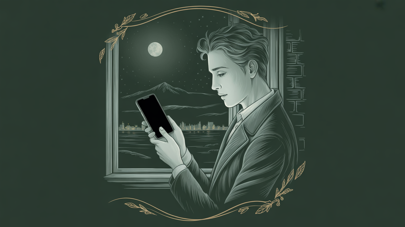 A reserved man holding a phone by a moonlit window at night.