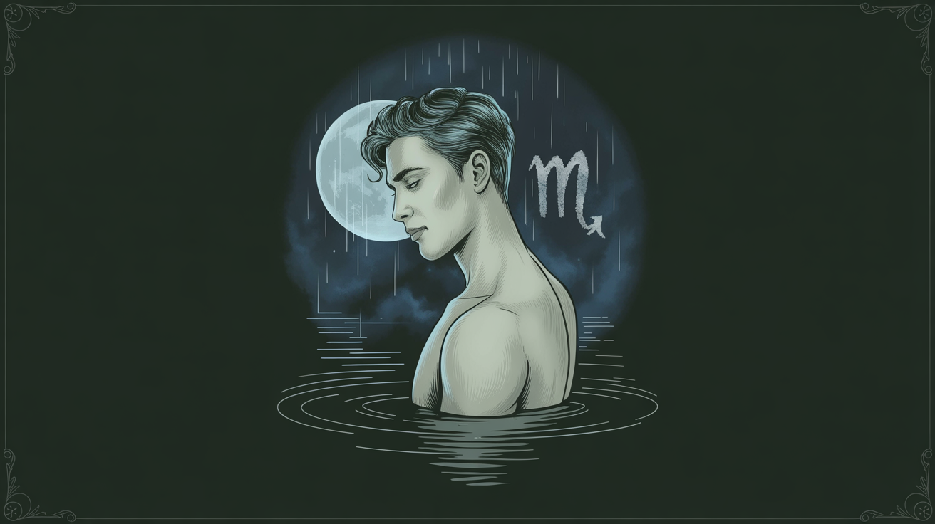 A masculine figure in moonlit shadow beside dark water, suggesting guarded Scorpio Moon longing.
