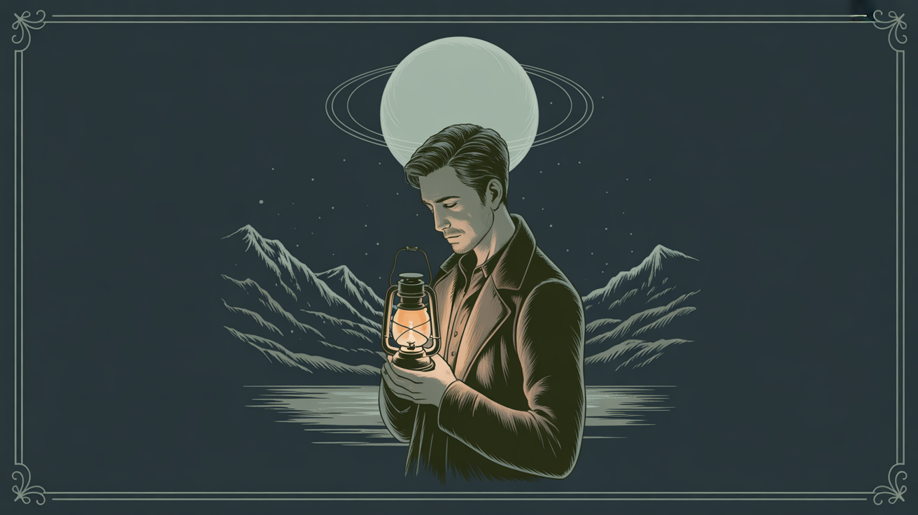 A guarded man holding a warm lantern under a pale moon in a stone courtyard.