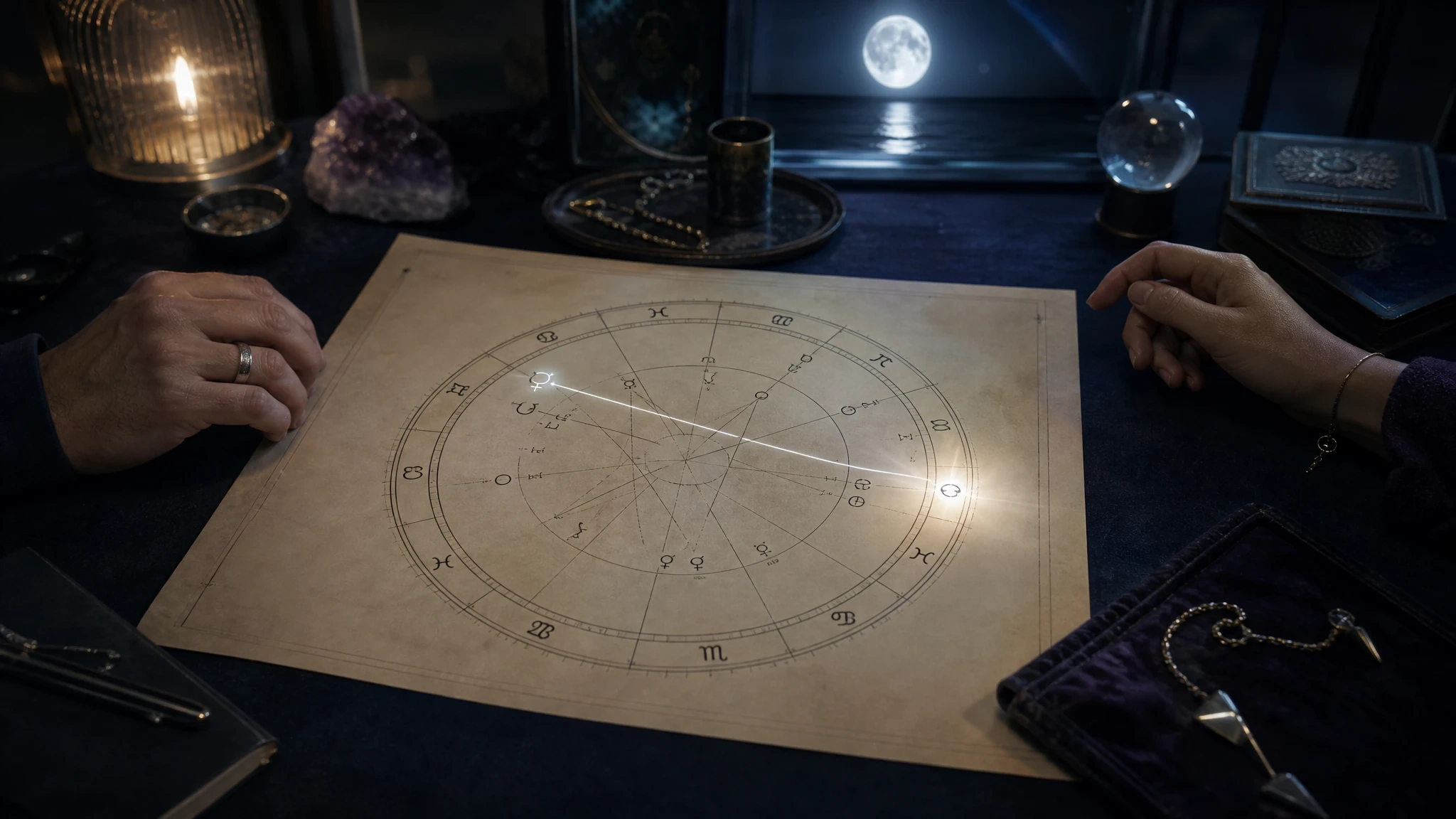 Moonlit natal chart showing a silver line from the Descendant to another house.