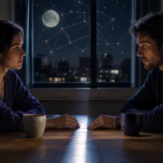 Two adults sit across a moonlit table in a quiet, serious conversation.