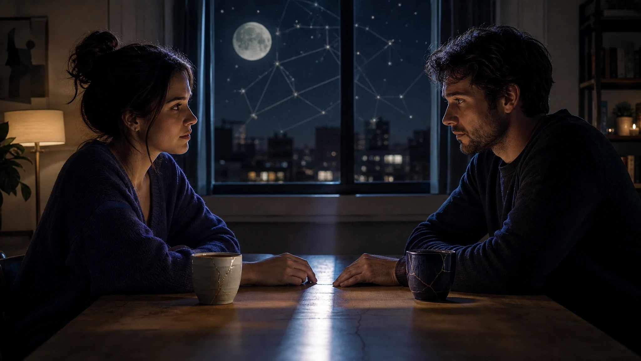 Two adults sit across a moonlit table in a quiet, serious conversation.