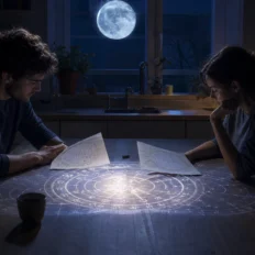 Two people at a moonlit table with separate birth charts overlapping into one luminous relationship chart.