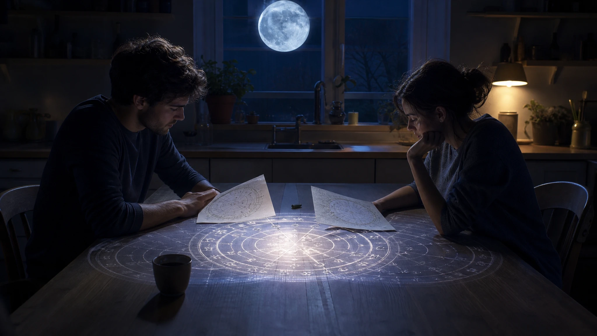 Two people at a moonlit table with separate birth charts overlapping into one luminous relationship chart.