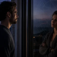 Two people face each other across a moonlit threshold, with one reflected in dark glass.
