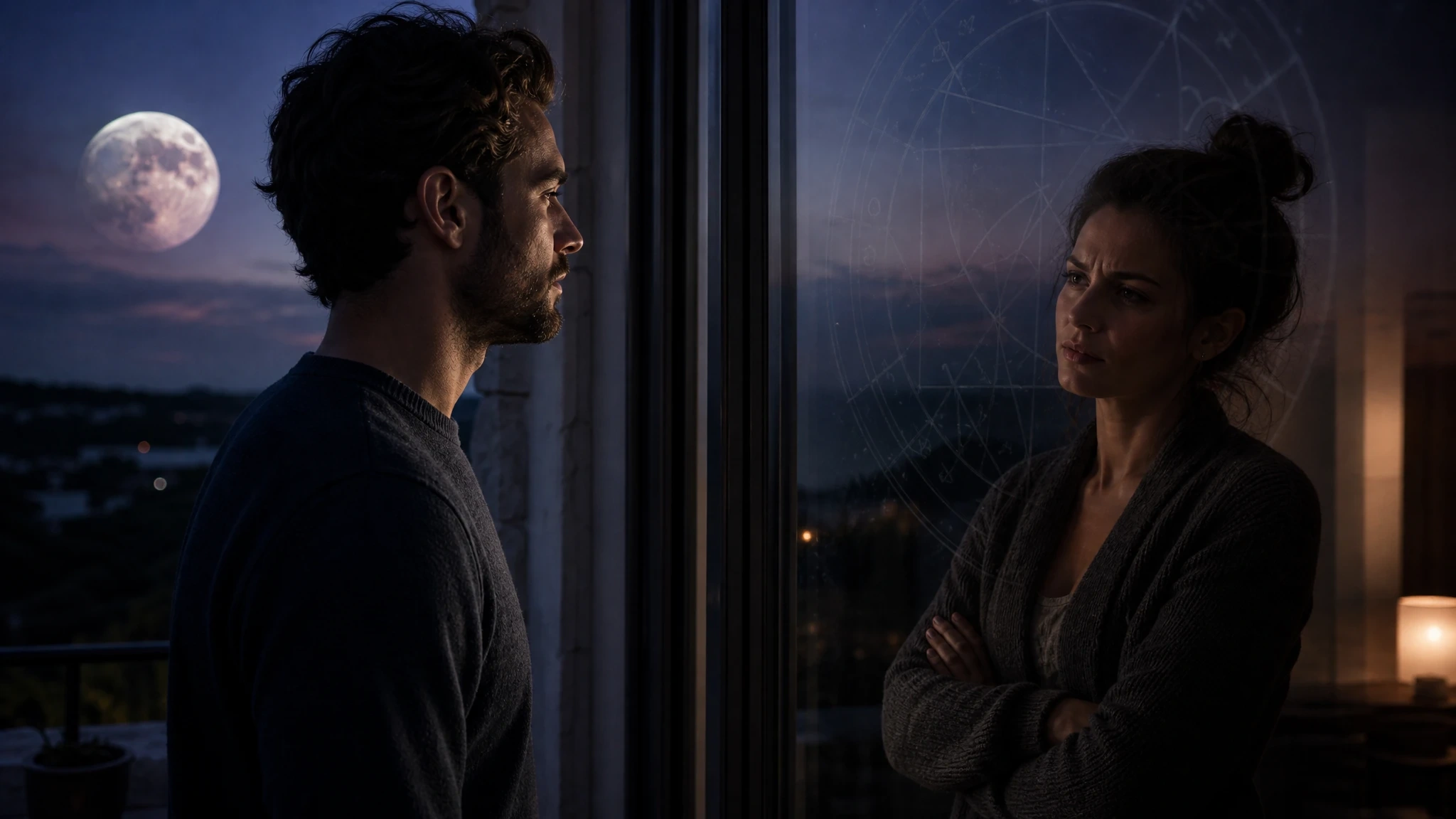 Two people face each other across a moonlit threshold, with one reflected in dark glass.