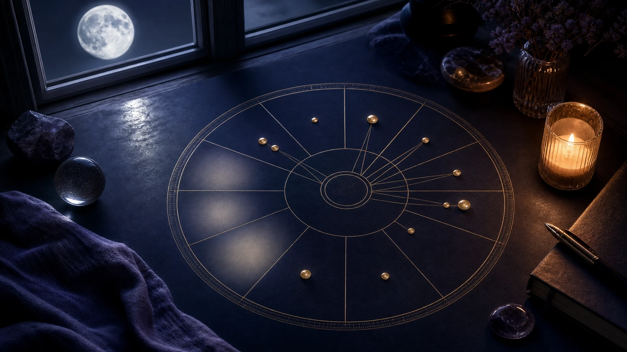 A moonlit birth chart with empty houses connected by glowing lines to planets elsewhere in the chart.