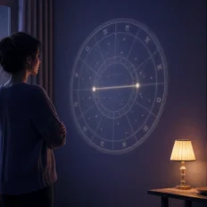 A reflective person studies a moonlit natal chart projection with a distant partner-like silhouette in the glass.