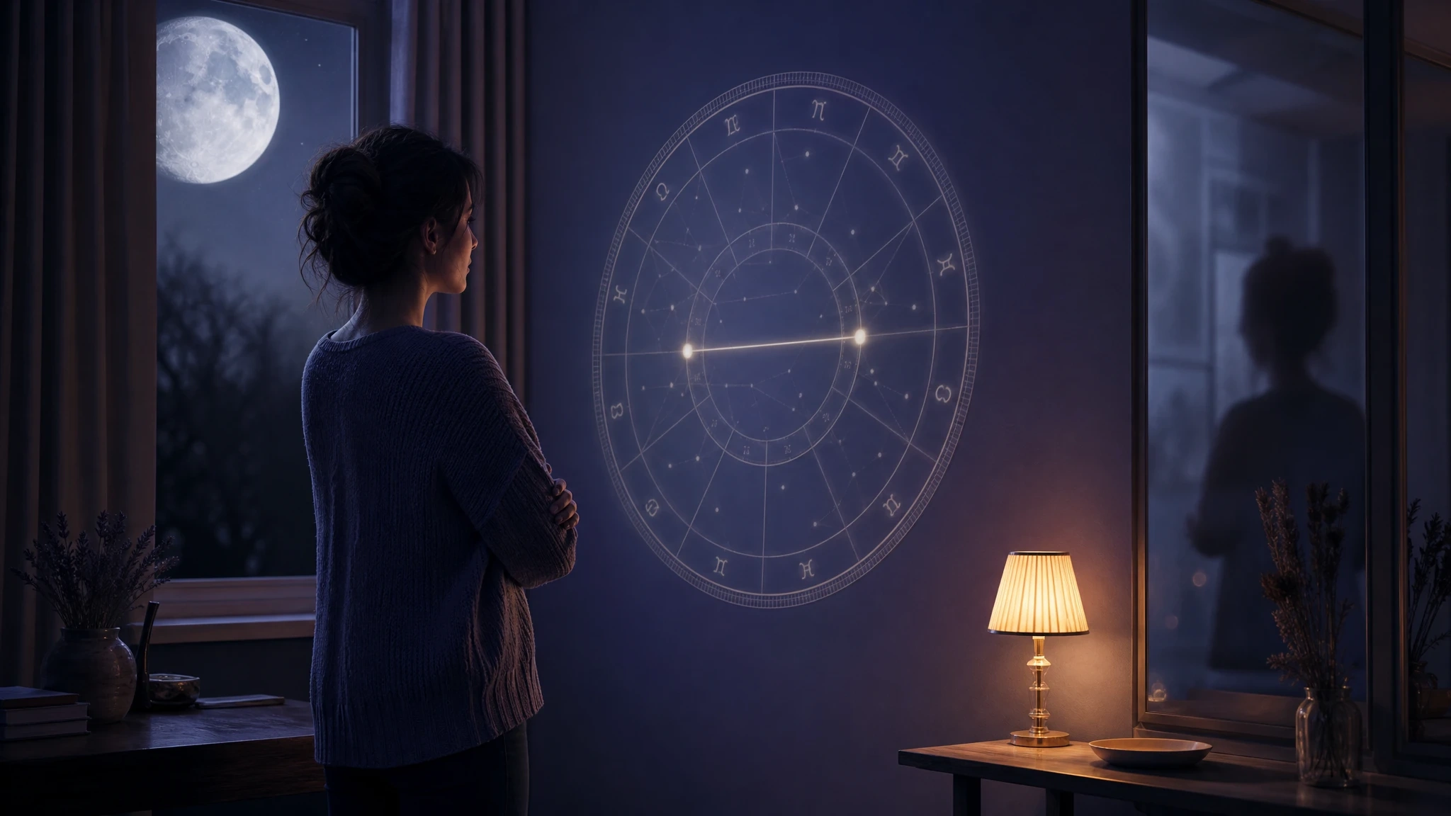 A reflective person studies a moonlit natal chart projection with a distant partner-like silhouette in the glass.