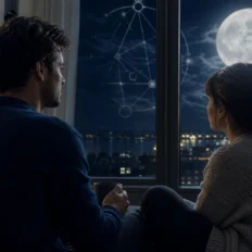 Two people sit quietly together in moonlight, their mirrored postures suggesting emotional understanding and tension.