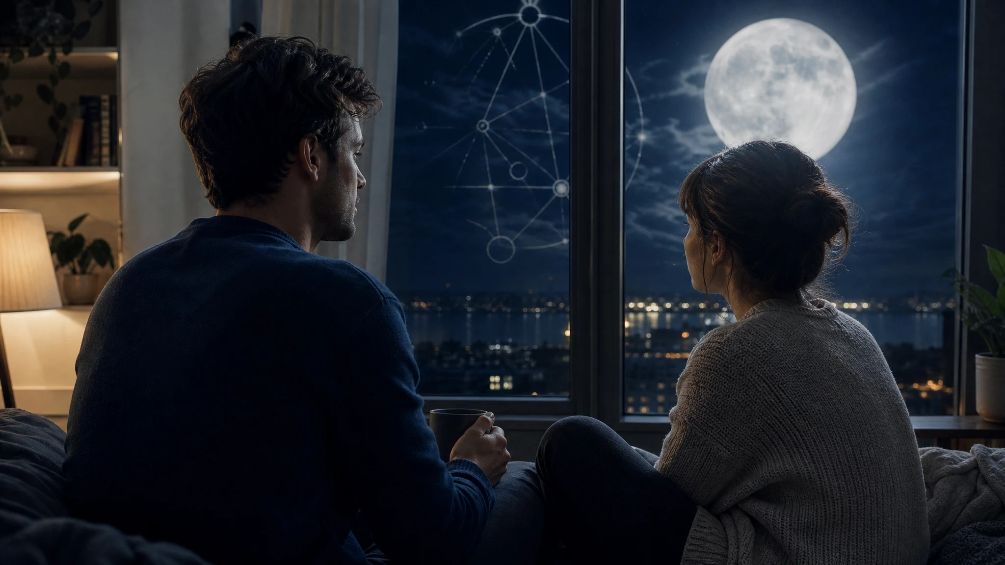 Two people sit quietly together in moonlight, their mirrored postures suggesting emotional understanding and tension.