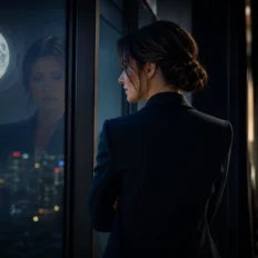 A poised person stands by moonlit glass between a private room and a public space.