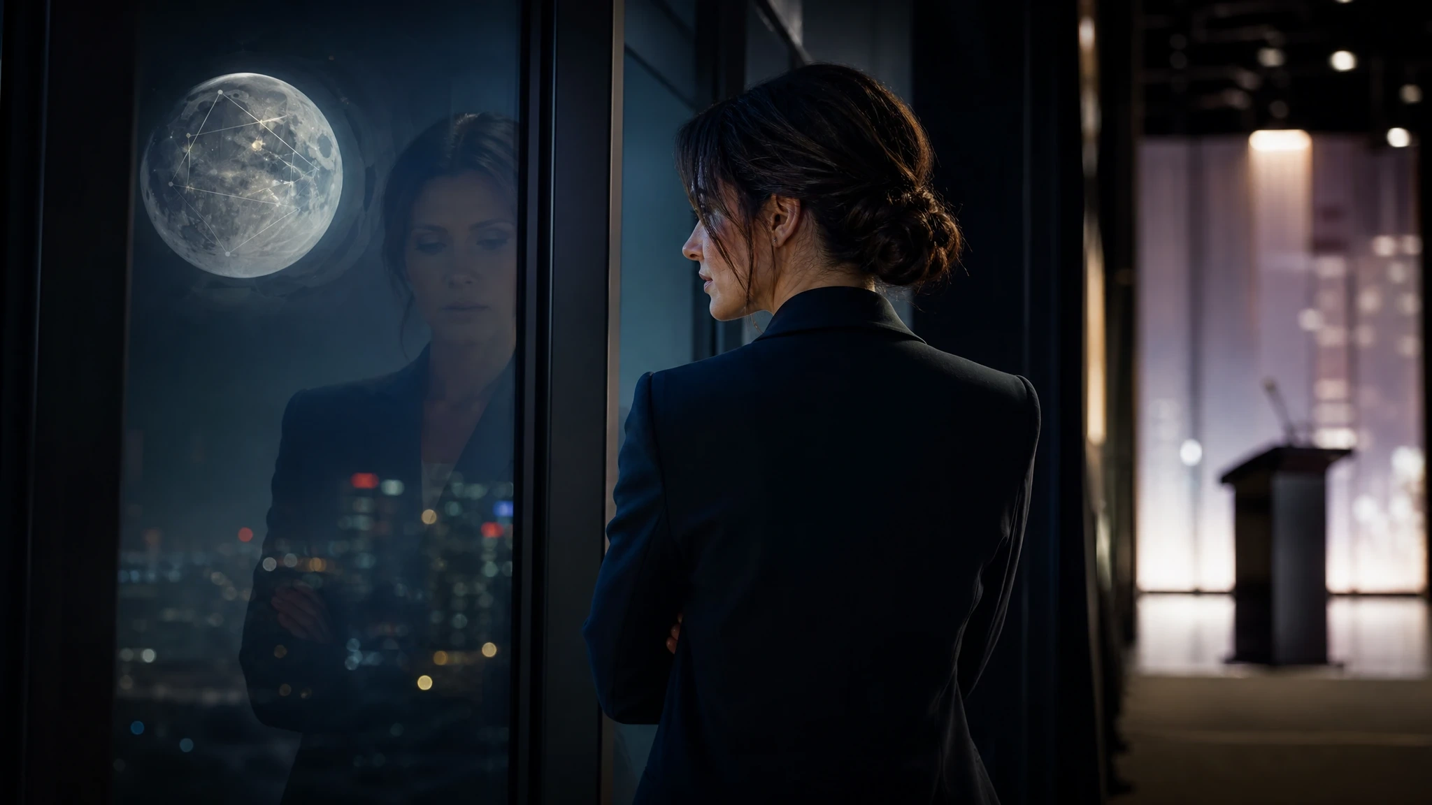 A poised person stands by moonlit glass between a private room and a public space.
