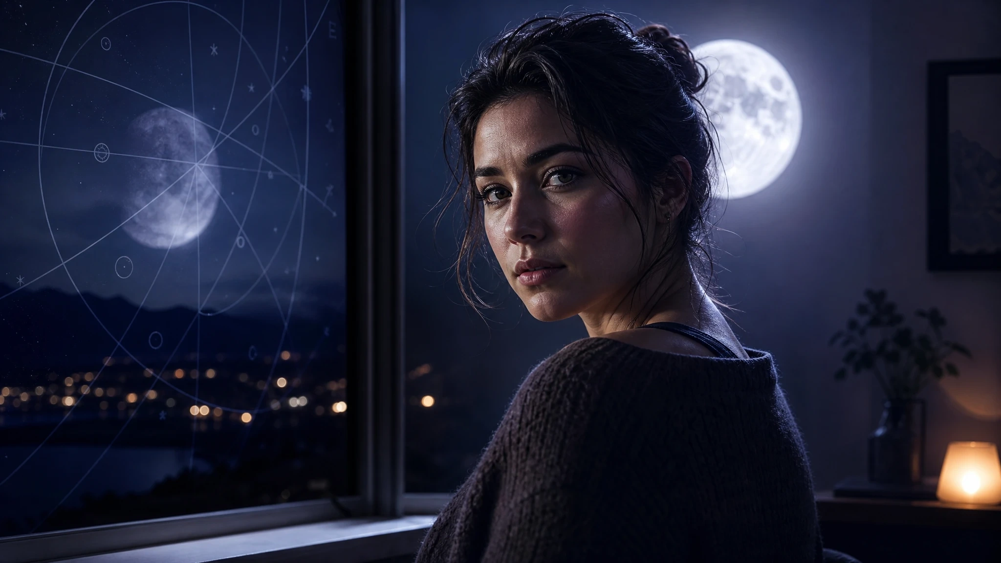 A moonlit person with an emotionally readable face and a luminous Moon behind them.