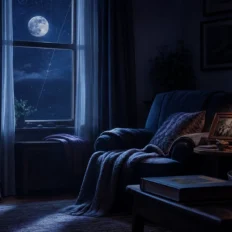 Moonlit private room with a chair, blanket, family photo, and warm lamp suggesting emotional refuge at home.