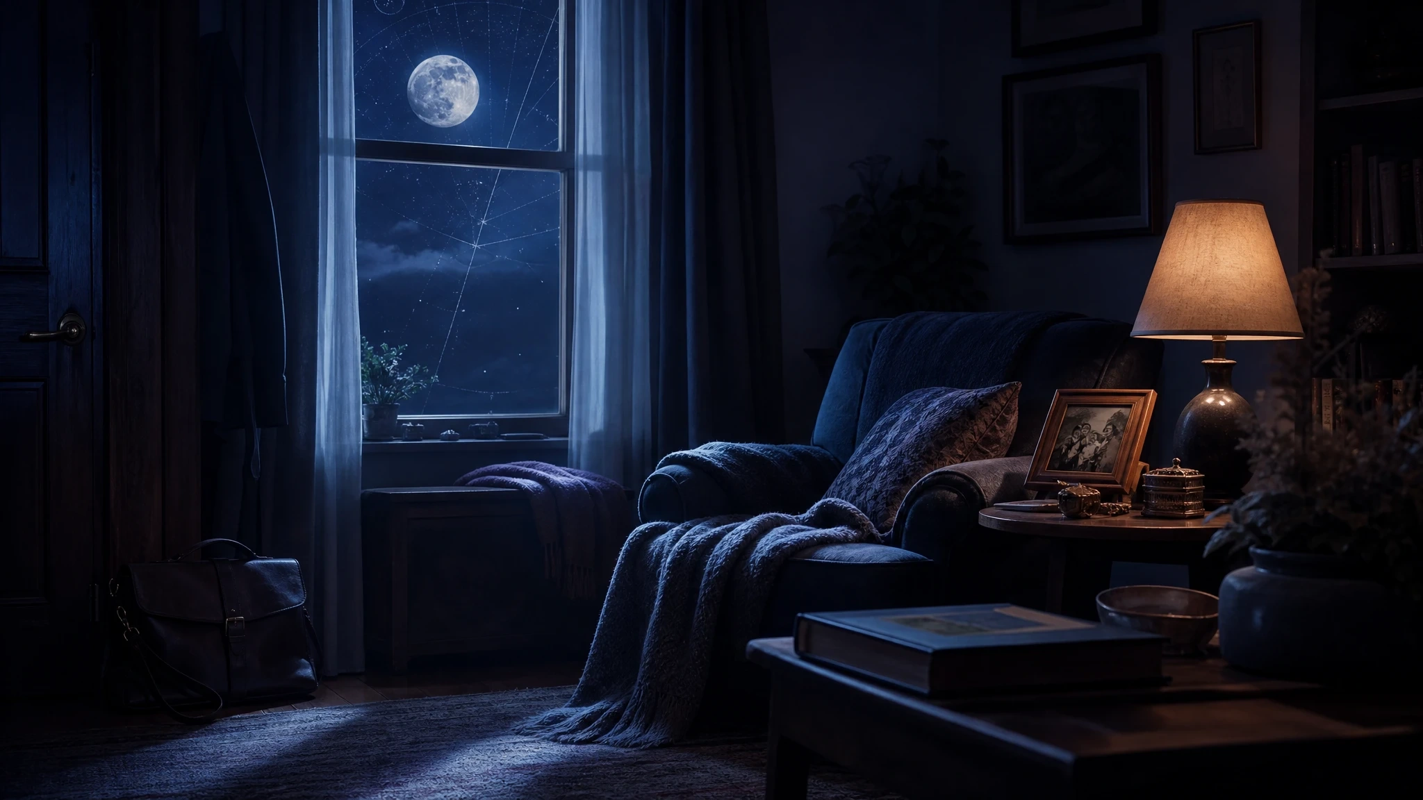 Moonlit private room with a chair, blanket, family photo, and warm lamp suggesting emotional refuge at home.