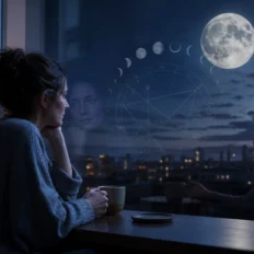 Person reflected in a moonlit window, suggesting partnership as an emotional mirror.