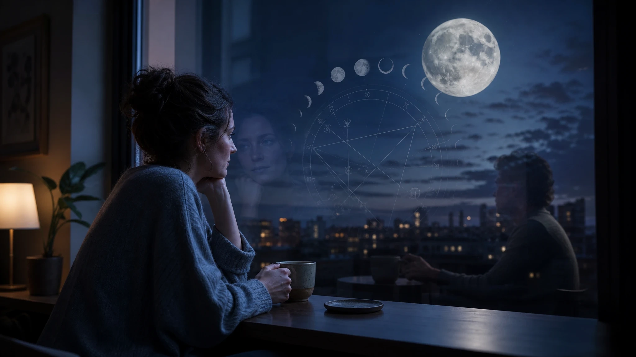 Person reflected in a moonlit window, suggesting partnership as an emotional mirror.
