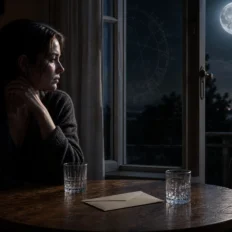 A moonlit person sits by an open window with an empty chair and sealed envelope, suggesting guarded intimacy.