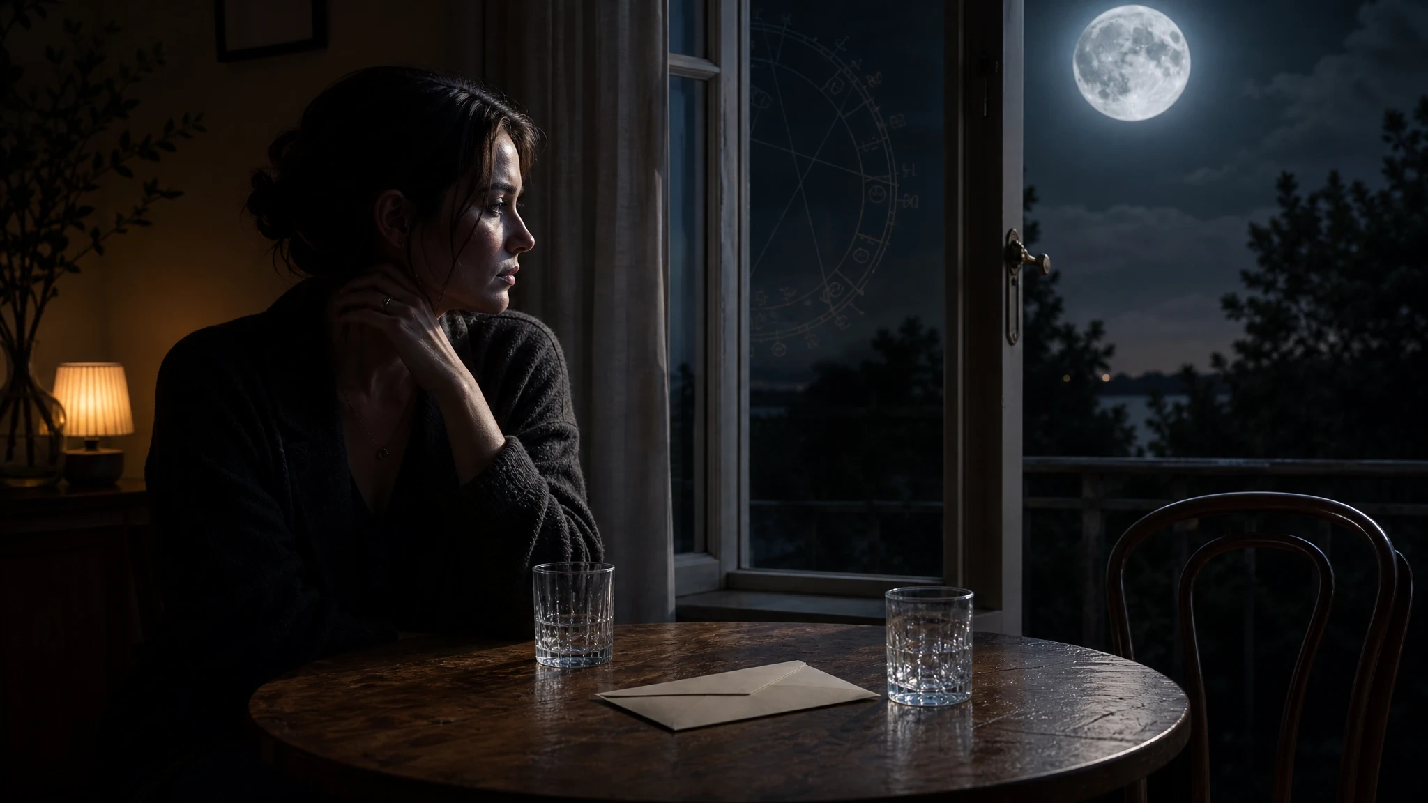 A moonlit person sits by an open window with an empty chair and sealed envelope, suggesting guarded intimacy.