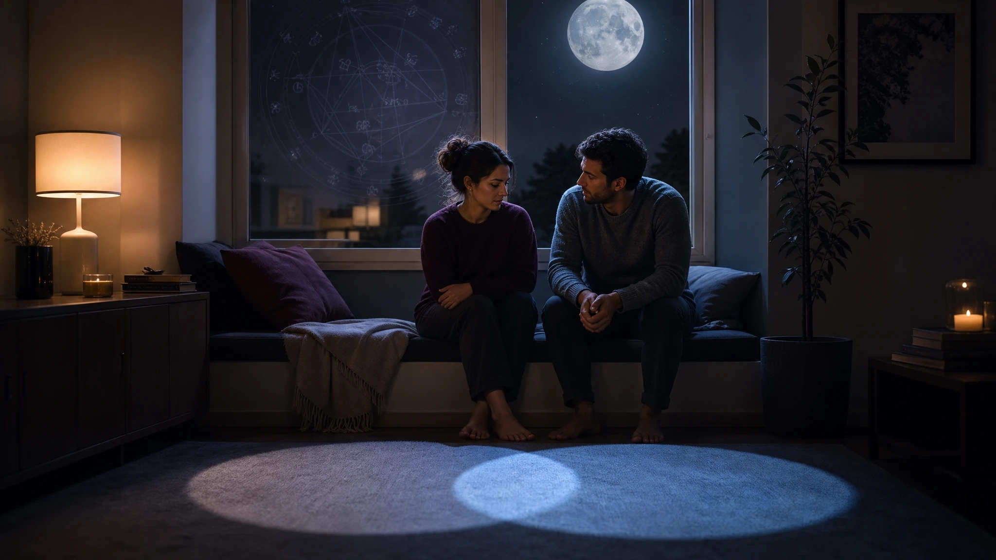 Two people sit close in a moonlit room after an emotional conversation, with overlapping pools of silver light suggesting emotional compatibility.