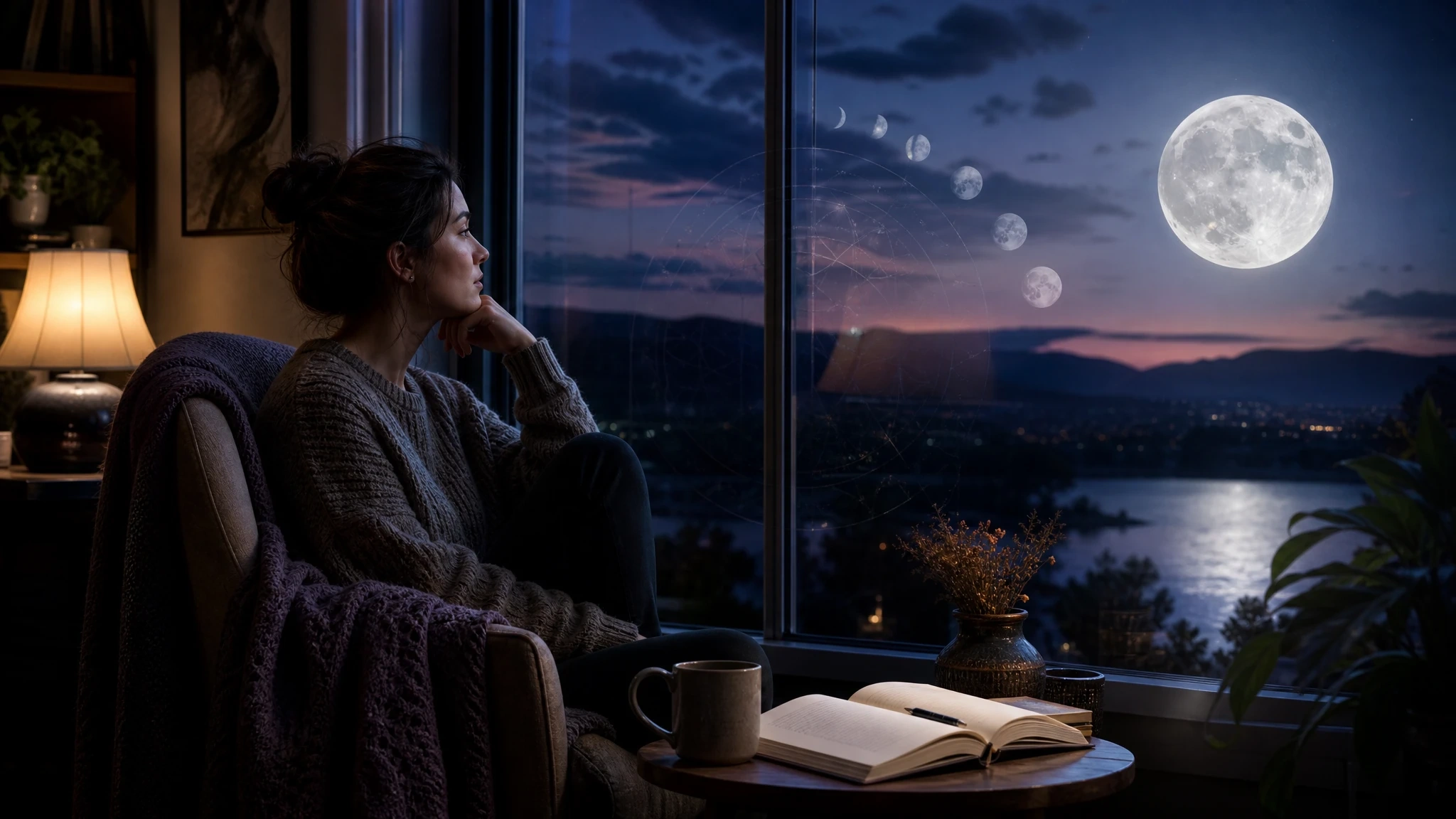 Reflective person sitting by a moonlit window with subtle natal chart reflections.