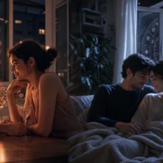 A couple shown between warm romantic attraction and quiet moonlit emotional safety.