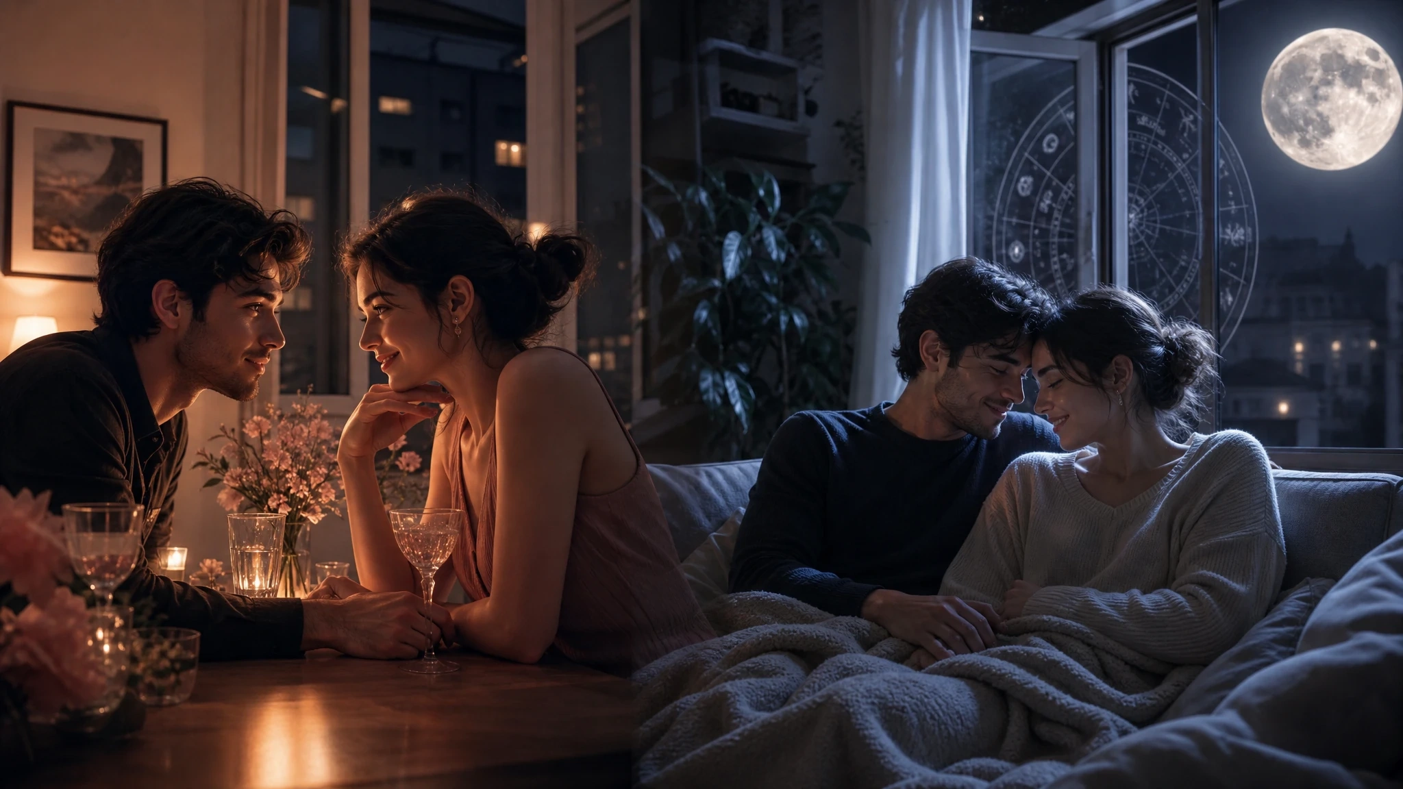 A couple shown between warm romantic attraction and quiet moonlit emotional safety.