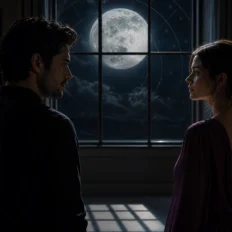 Two adults stand close but apart in moonlight, with a subtle square shadow suggesting emotional tension.
